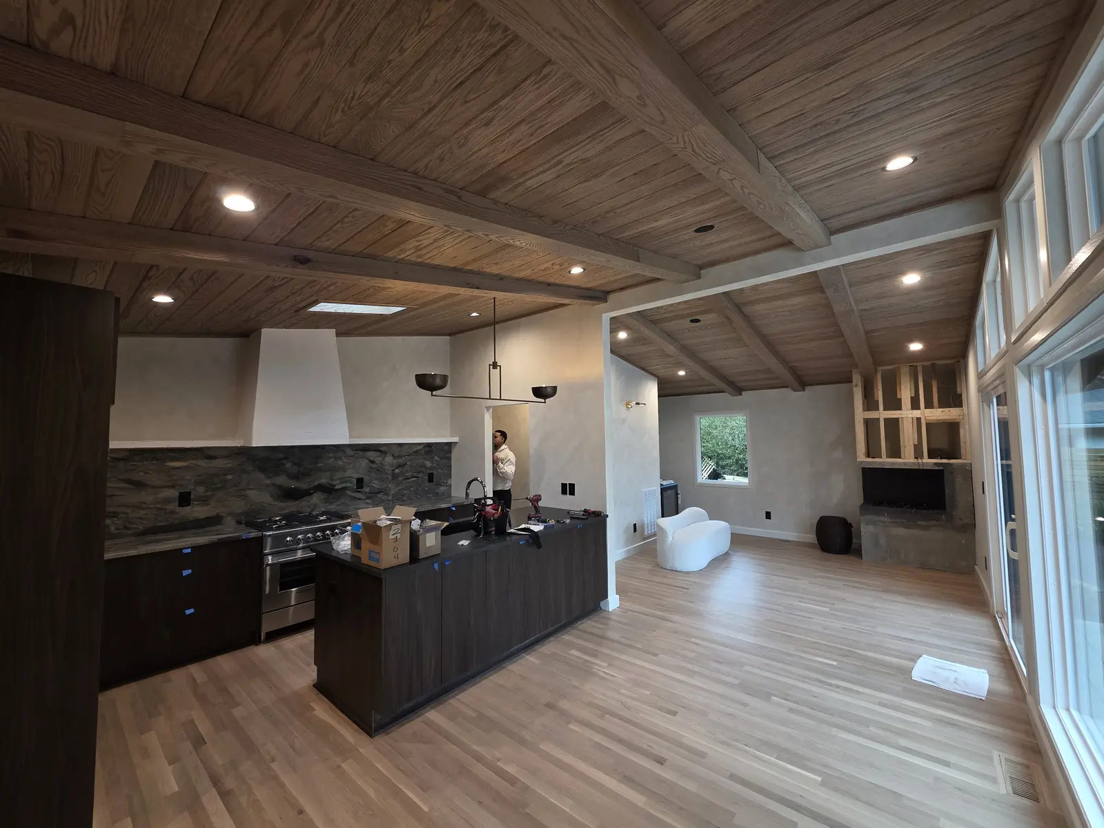 Completed Charlotte kitchen and living-room remodel with recessed and decorative lighting